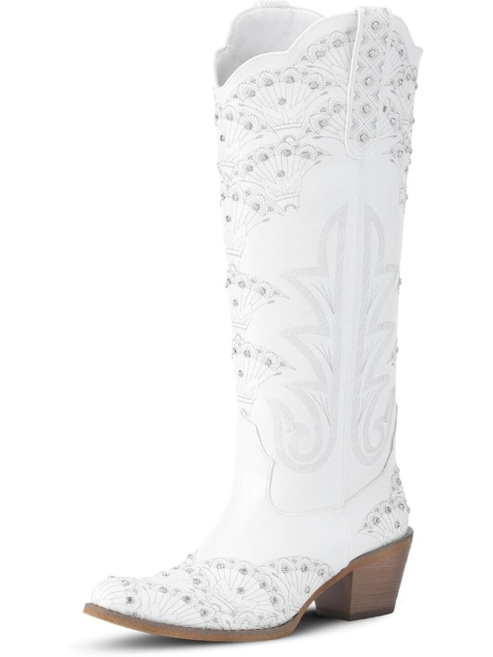 🆕 Women White Studded Western Cowboy Boot Rhinestone Embroidered Shoes